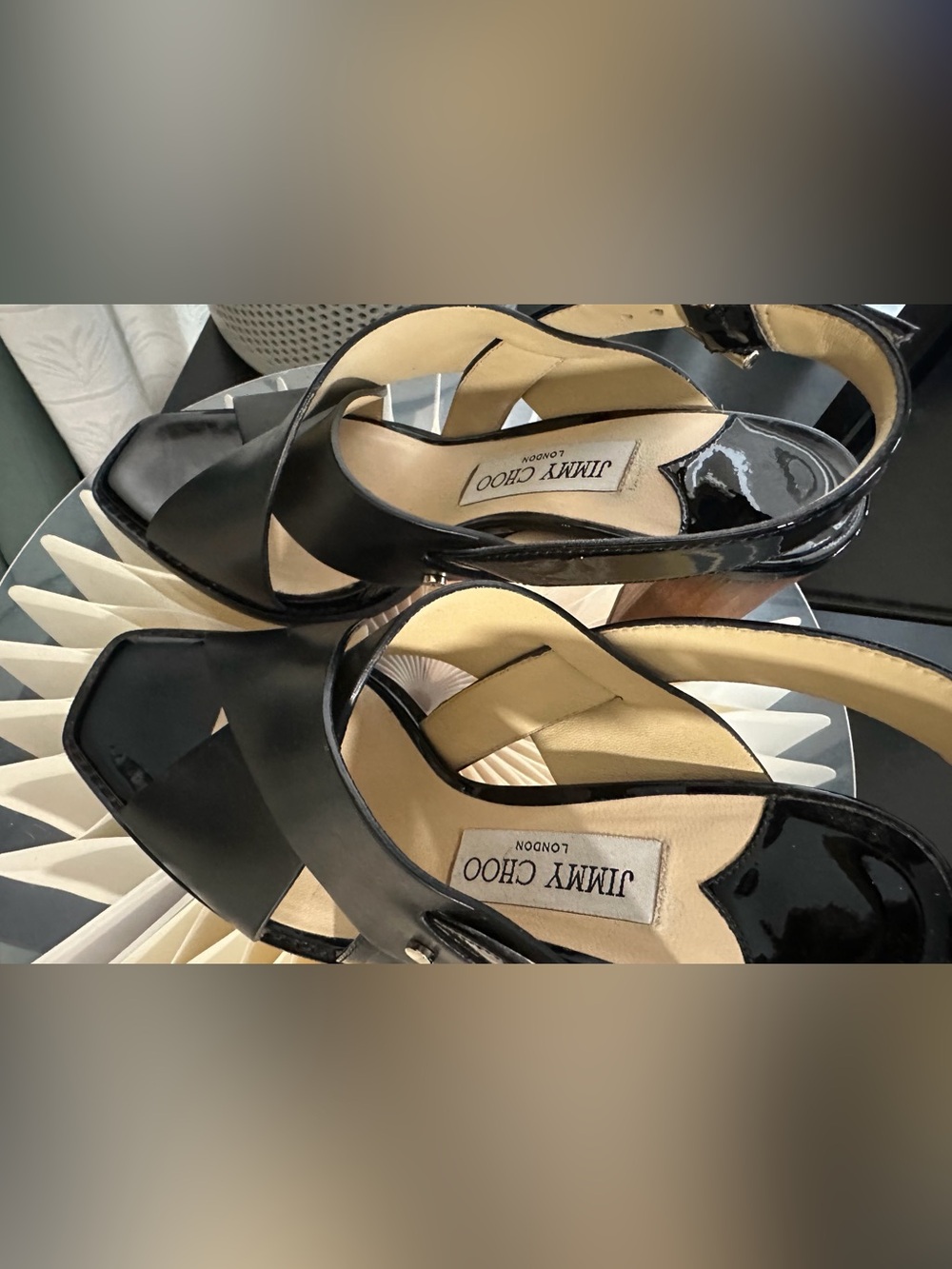Jimmy Choo Black Block-Heel Sandals with Gold Buckle - Picture 2 of 4